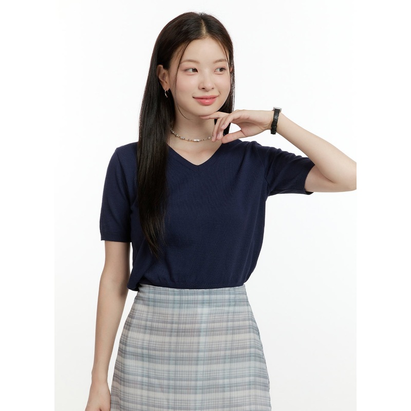 V-Neck Short Sleeve Knit Top OL423 Dark blue S