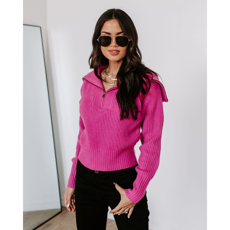 We Love It Half Zip Pullover Sweater Hot Pink XS