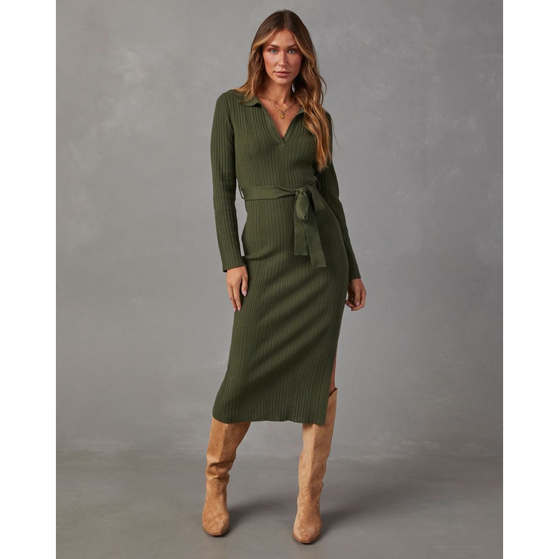 Asmara Tie Waist Midi Sweater Dress Green XS
