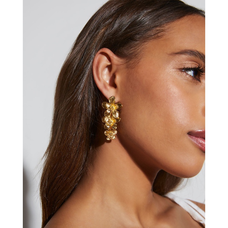 Blooming Orchid Floral Drop Earrings Gold O/S