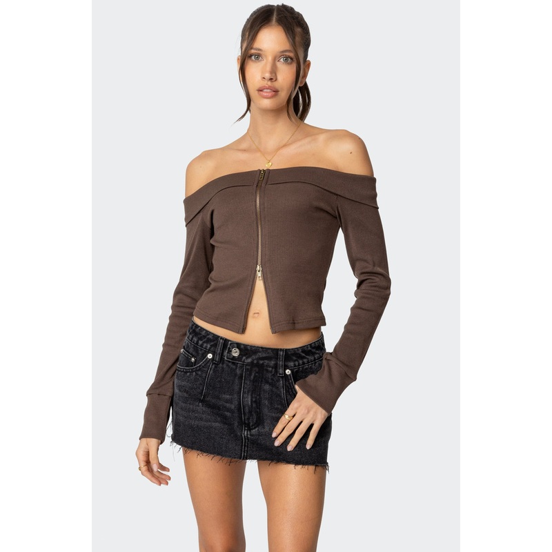 Clarissa Fold Over Ribbed Top BROWN XS