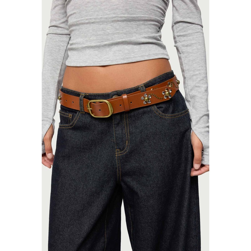 Flower Studded Faux Leather Belt BROWN OS