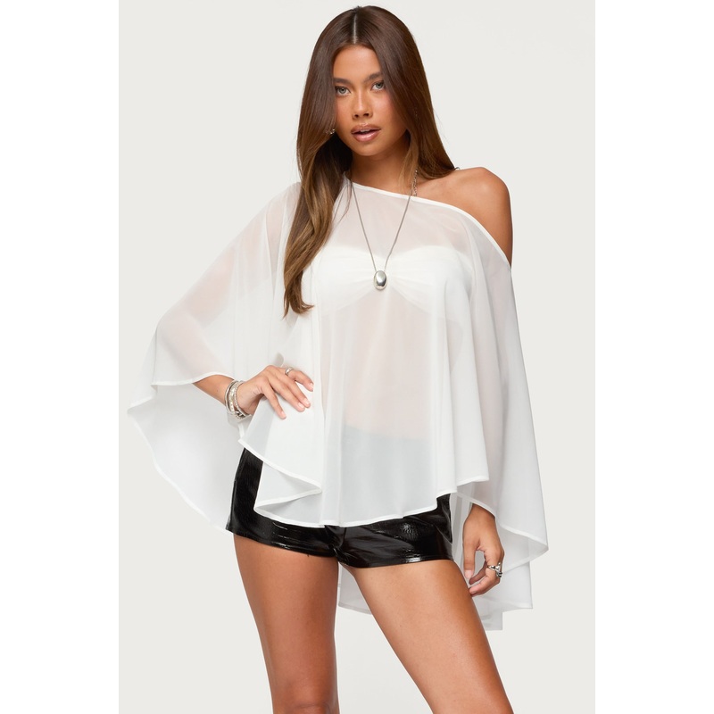 Sheer Chiffon Asymmetric Poncho WHITE XS