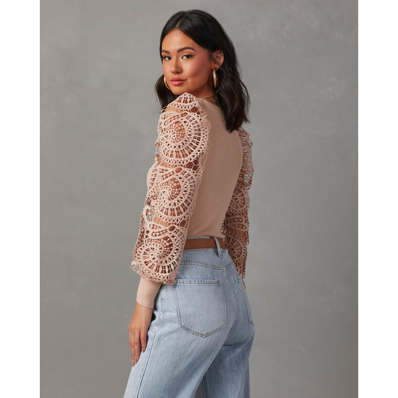 Sophia Crochet Sleeve Sweater Top Beige XS