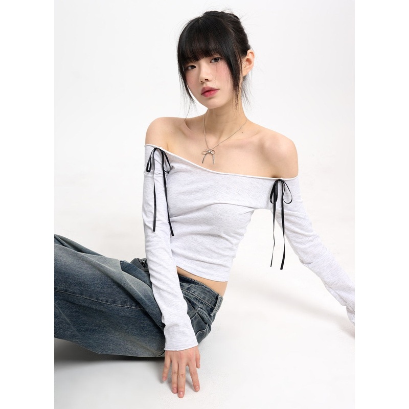 Bowknot Cotton Off Shoulder Long Sleeve CM415 Light gray S/M