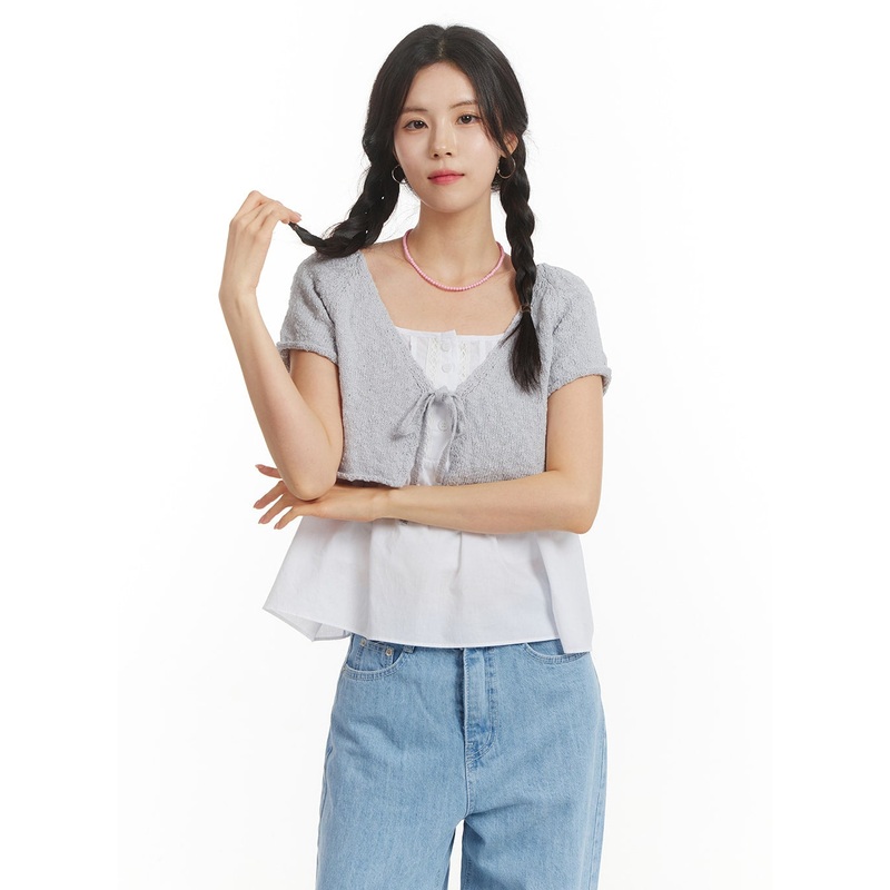 Bowknot Short Sleeve Cardigan OM406 Light blue S/M