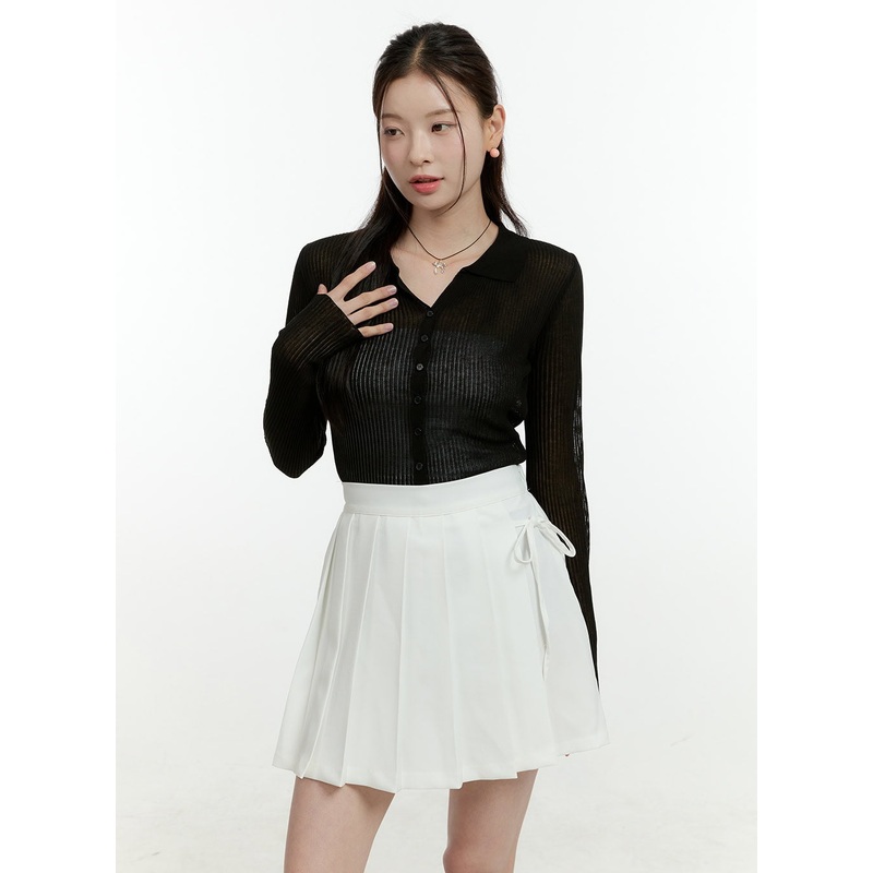 Sheer Ribbed Buttoned Cardigan OL430 Black S/M