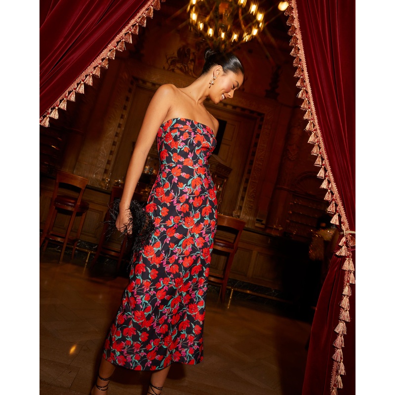 Thalia Strapless Floral Midi Dress Black/Red XS