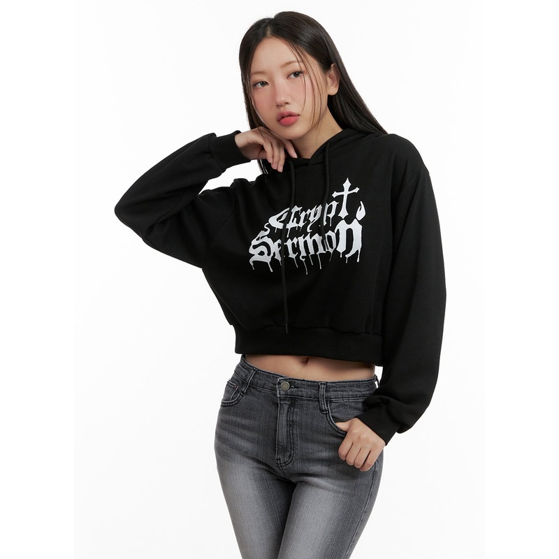 Graphic Cropped Sweat Hoodie CL431 Black S/M