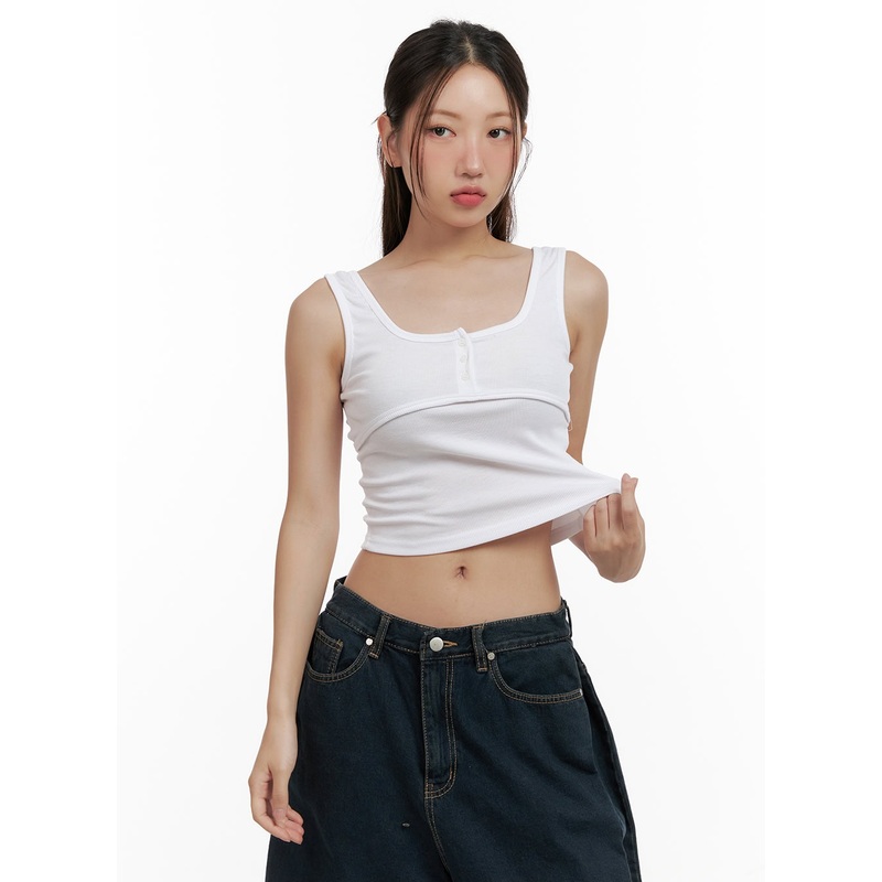 Square Neck Buttoned Crop Tank Top CL431 White S/M
