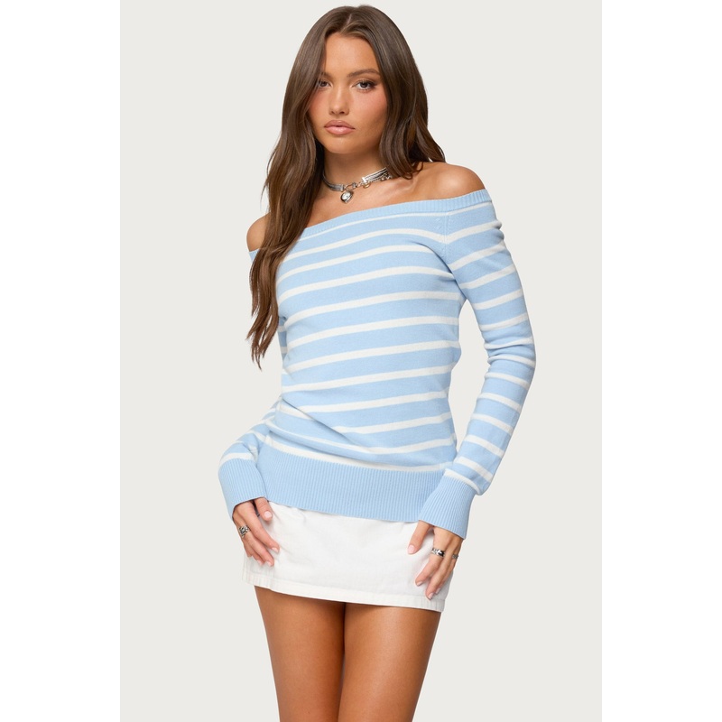 Lori Striped Off Shoulder Sweater LIGHT-BLUE XS
