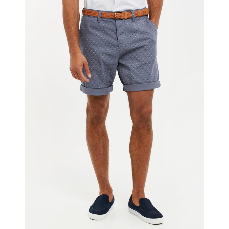 Misty Blue Geo Print Belted Chino Shorts Misty Blue 30