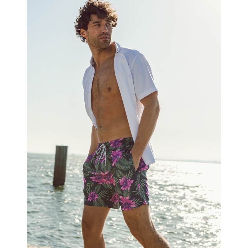 Navy Blue Floral Print Swim Shorts Navy S