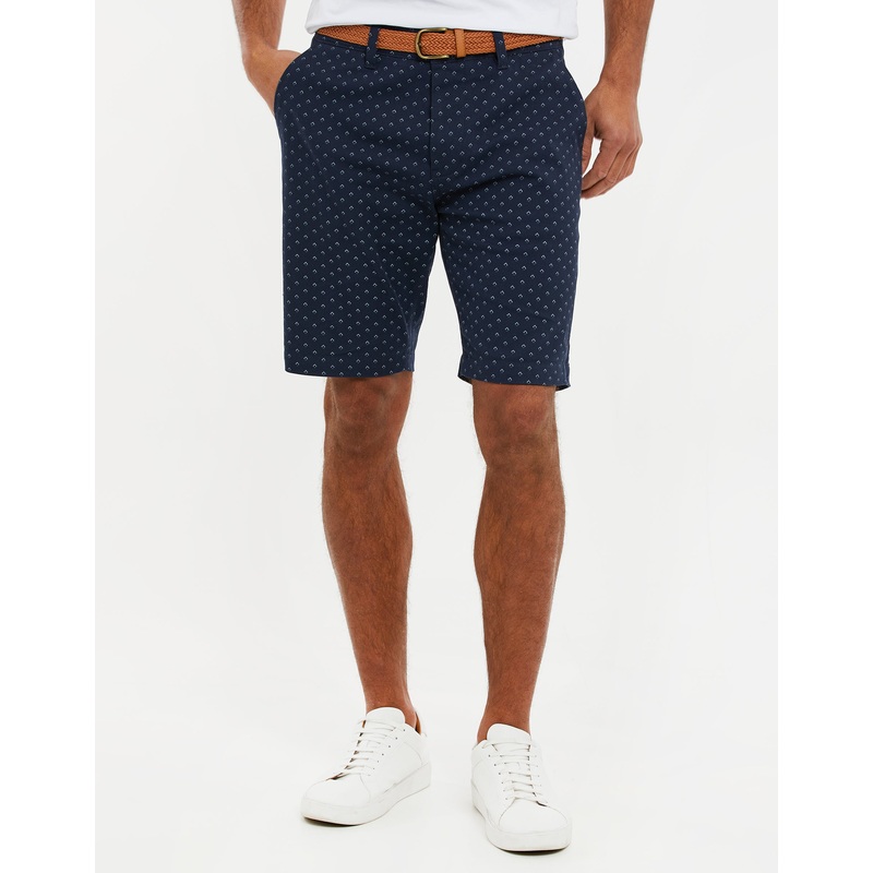 Navy Geo Print Belted Chino Shorts Navy 30