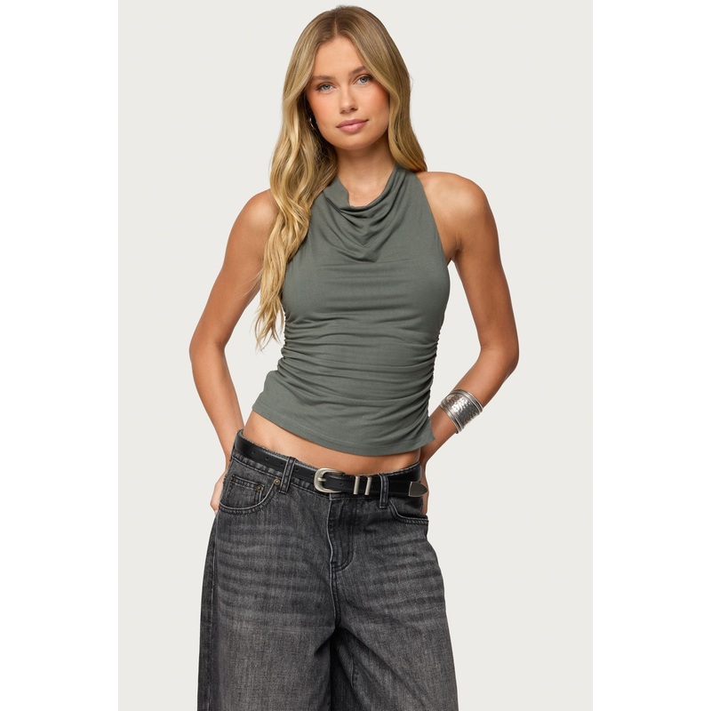 Collie Twisted High Cowl Neck Top OLIVE XS