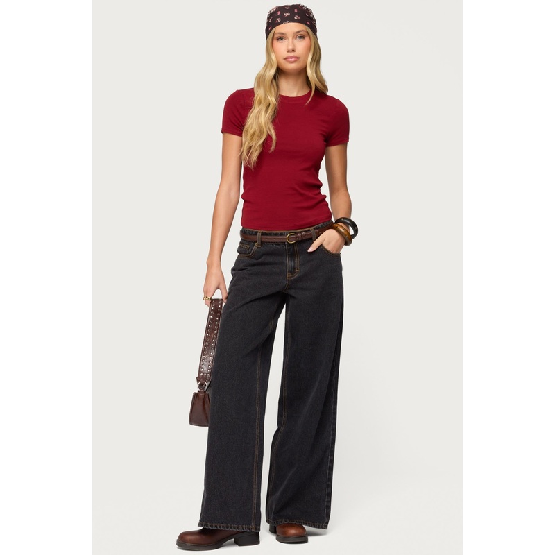 Contrast Stitch Low Rise Wide Leg Jeans BLACK-WASHED XS