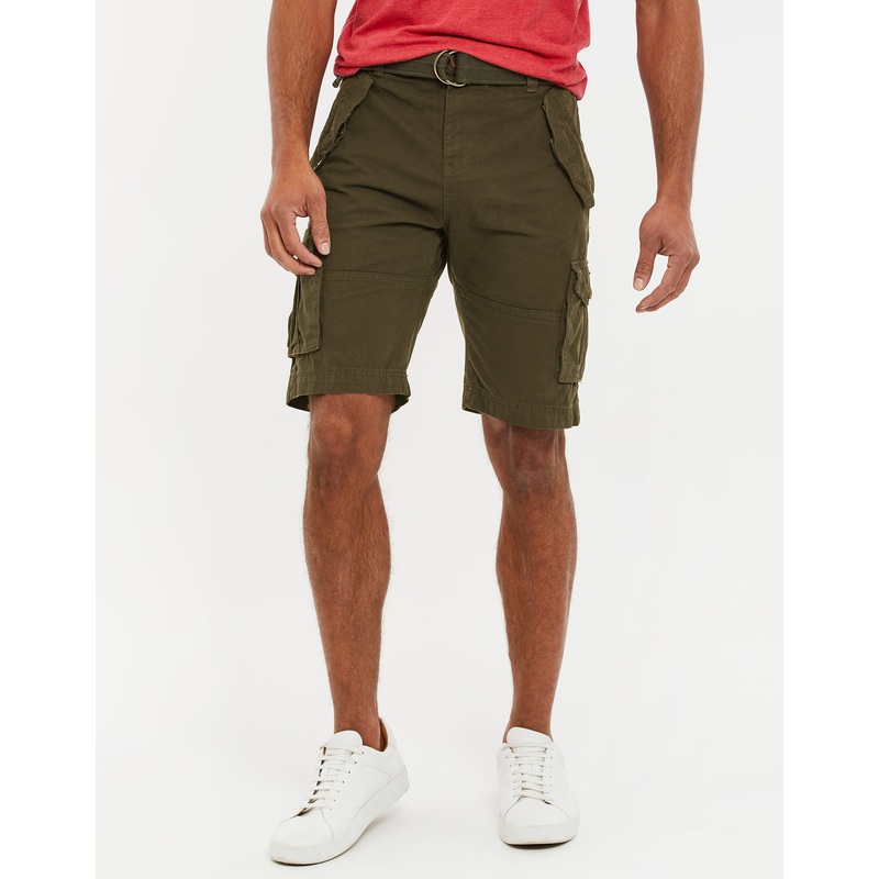Khaki Green Belted Cargo Shorts Khaki Green 30