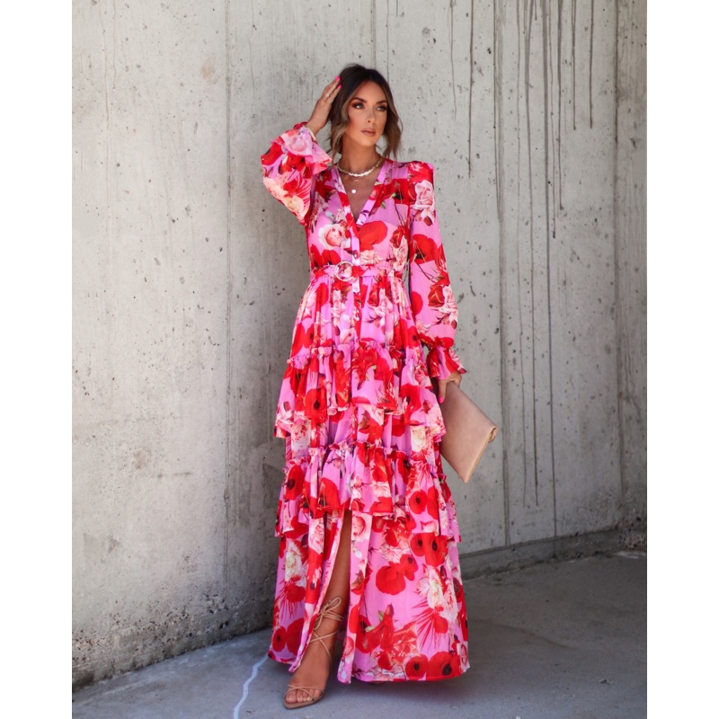 Mon Cheri Floral Chiffon Tiered Belted Maxi Dress Pink S