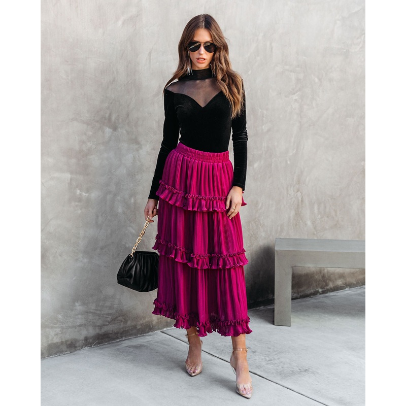Nasreen Plisse Chiffon Tiered Maxi Skirt Wine XS
