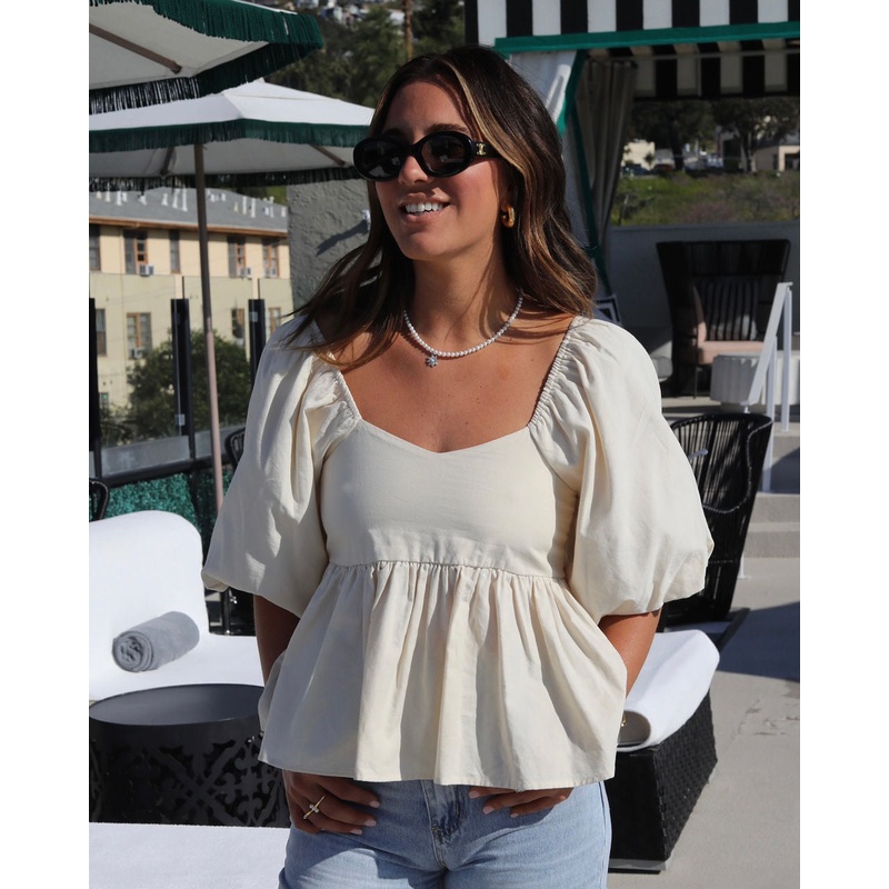 Valentina Cotton Puff Sleeve Babydoll Top Cream S