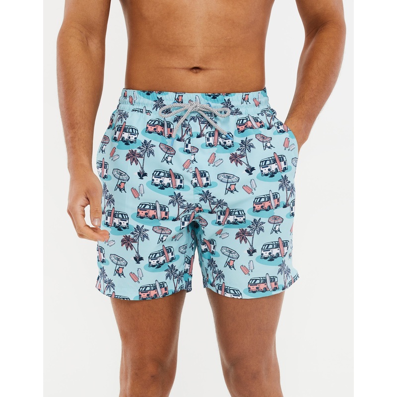 Aqua Blue Caravan Print Swim Shorts Aqua Blue S