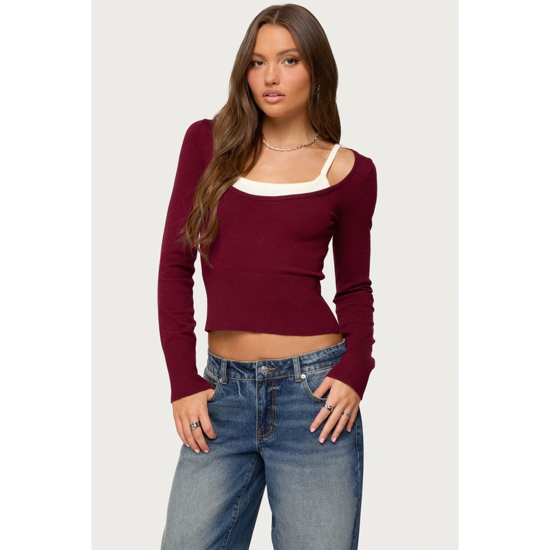Cecile Layered Long Sleeve Top BURGUNDY-AND-CREAM XS