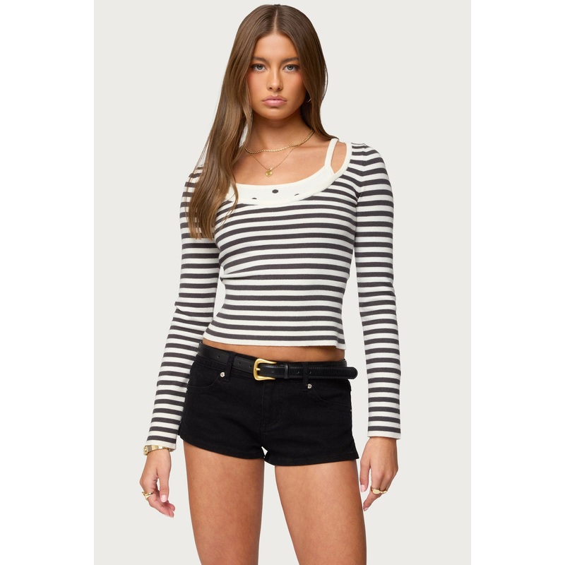 Cecile Layered Long Sleeve Top GRAY-AND-WHITE XS