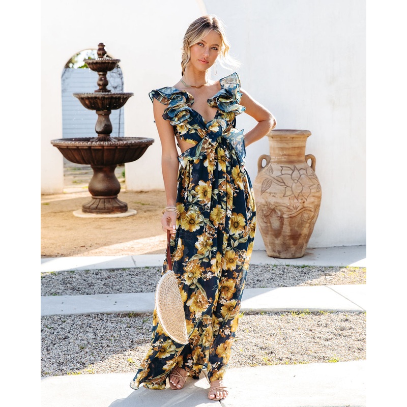 Encanto Floral Ruffle Maxi Dress Navy Multi XS