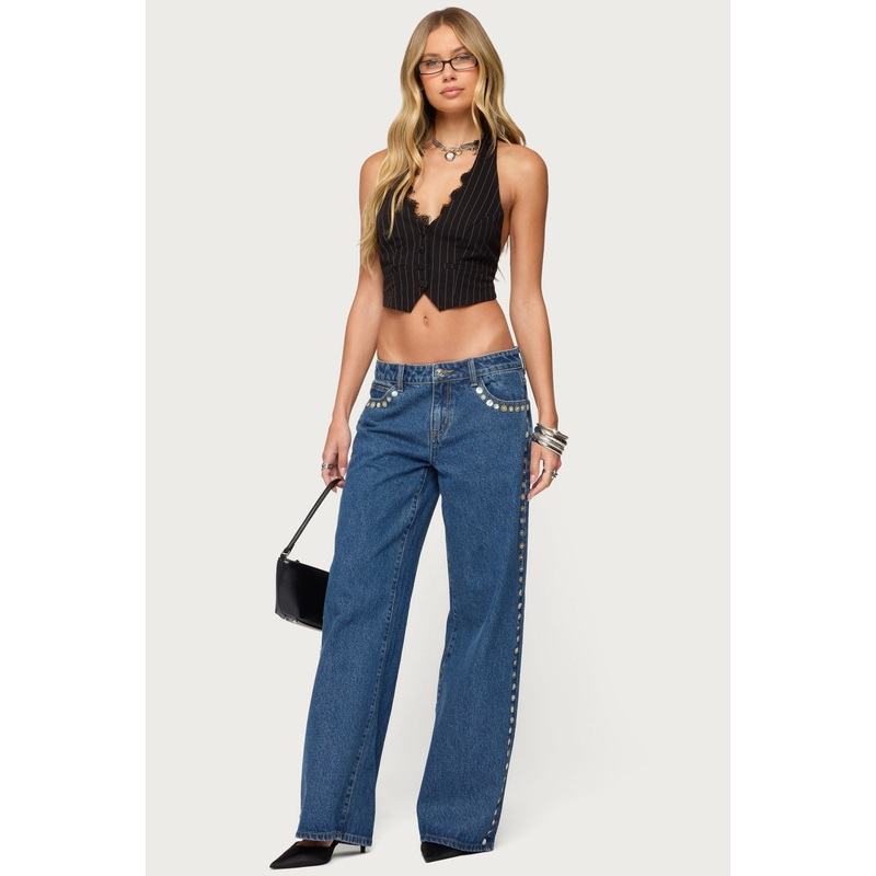 Iridescent Button Low Rise Jeans BLUE-WASHED XS