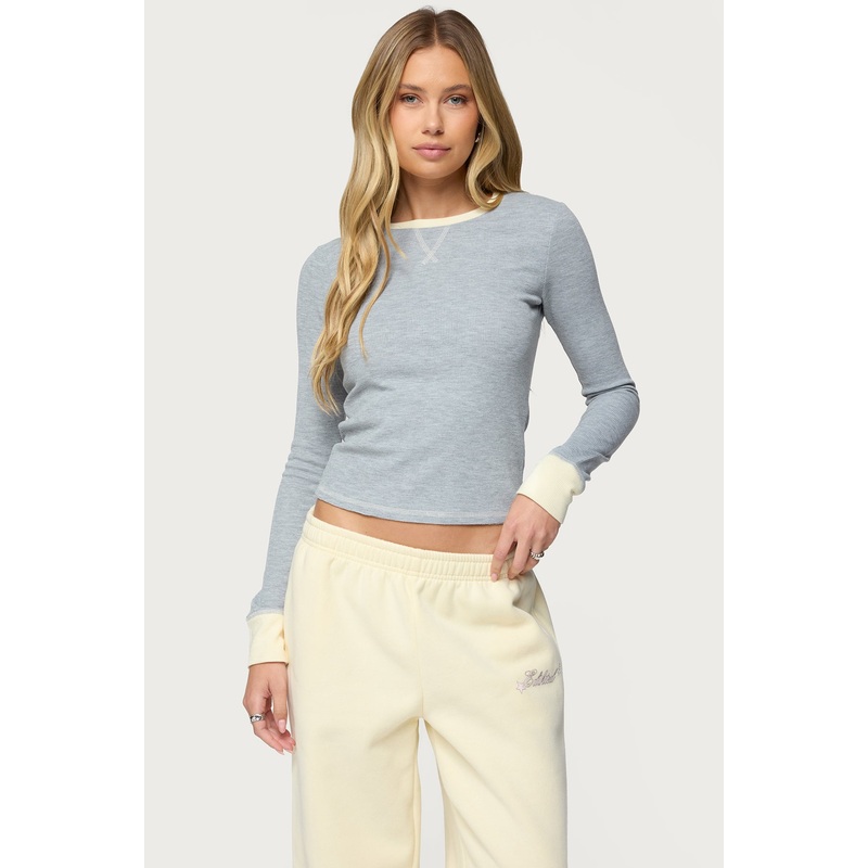 Rora Contrast Long Sleeve Waffle Top GRAY-MELANGE XS