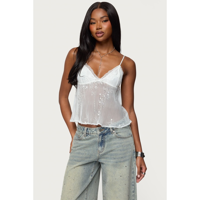 Sequin Sheer Mesh Babydoll Top WHITE XS