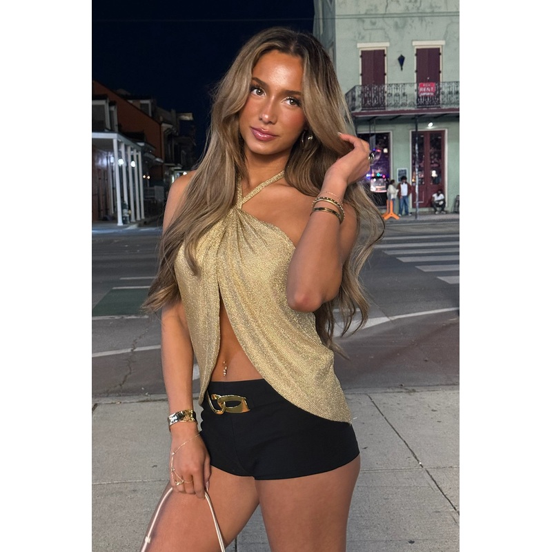 Stasia Sparkly Knit Split Front Top GOLD XS