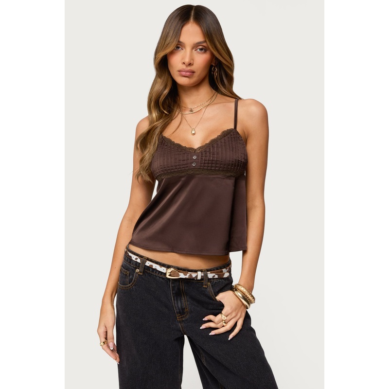 Blanca Satin Effect Lace Trim Tank Top BROWN XS