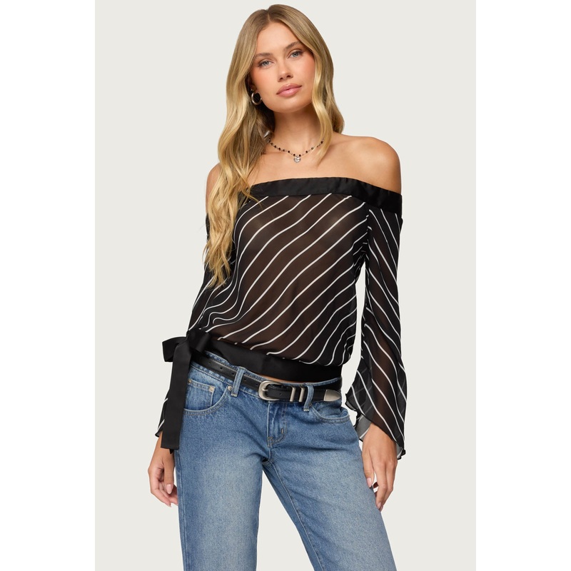 Diagonal Striped Off Shoulder Chiffon Top BLACK XS