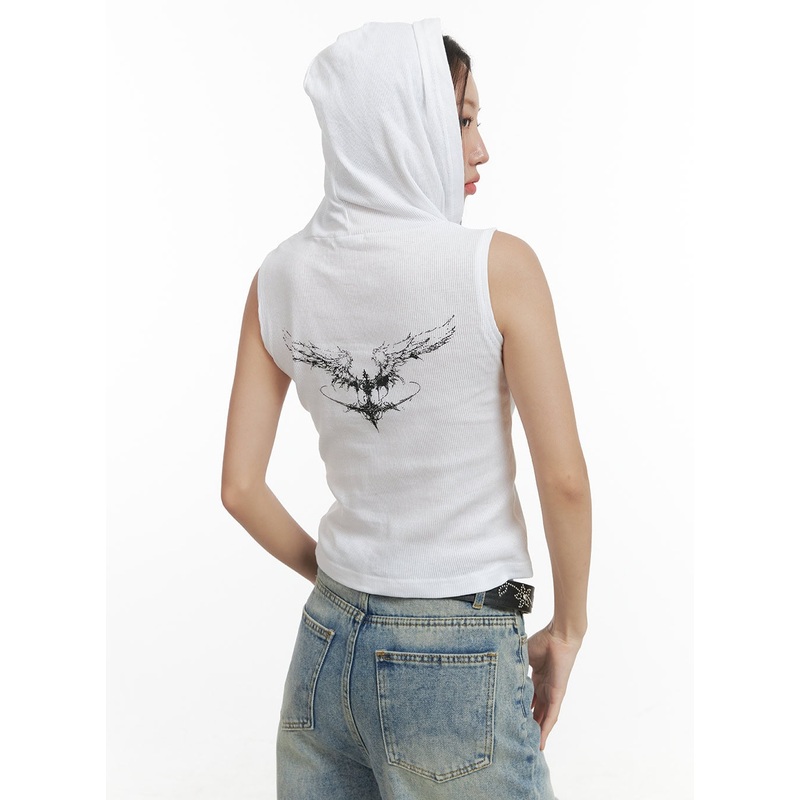 Graphic Cotton Hooded Crop Top OG406 White S/M
