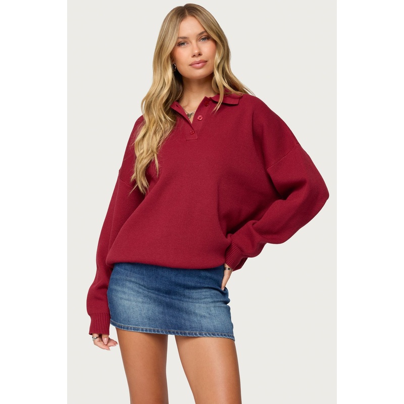 Lorie Oversized Knit Polo Sweater RED XS