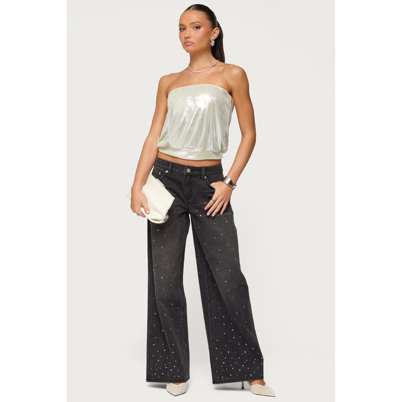 Rhinestone Low Rise Washed Jeans BLACK-WASHED XS