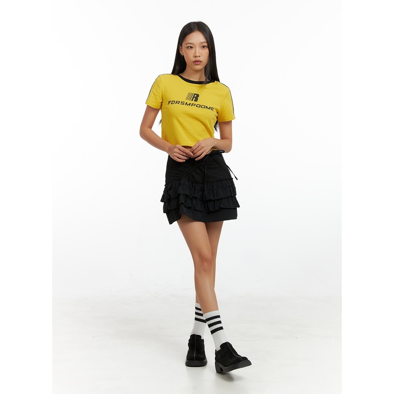 Shirred Ribbon Frill Mini Skirt IG405 Black S/M