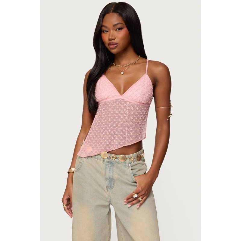Beaded Mesh Asymmetric Backless Top LIGHT-PINK XS