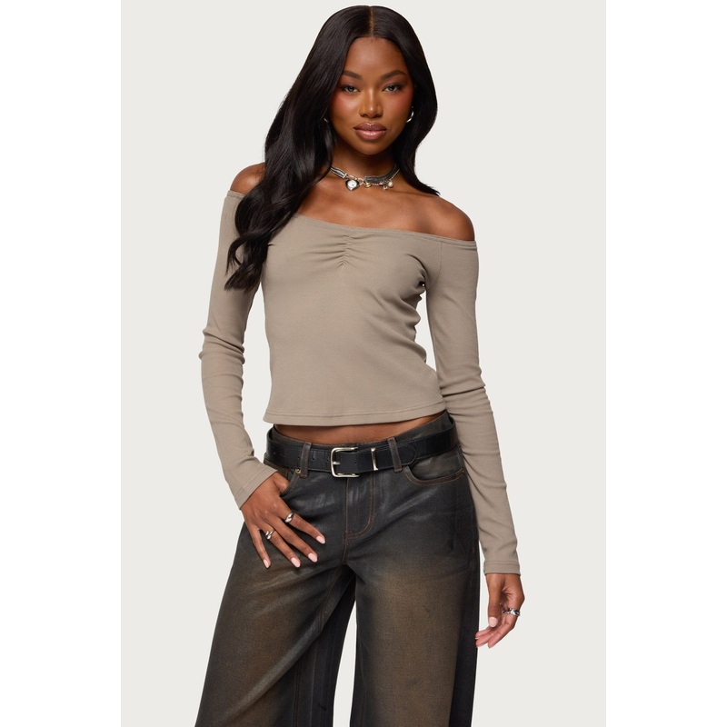 Cambria Ribbed Off Shoulder Top TAUPE XS
