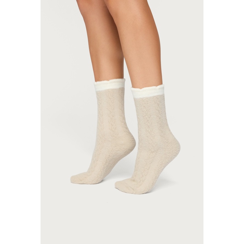 Contrast Fuzzy Cable Knit Socks BEIGE OS