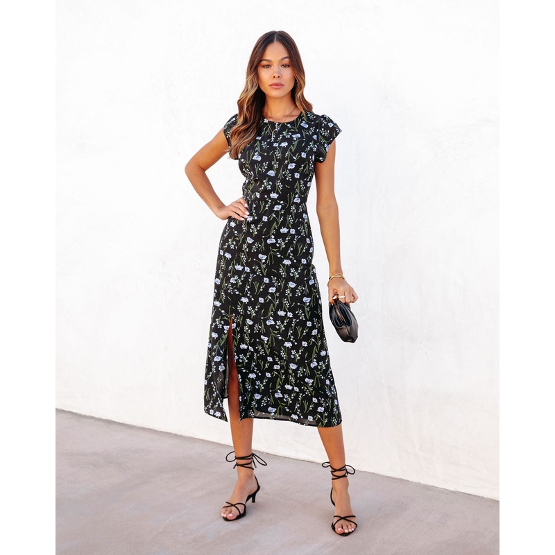 Fleurette Floral Back Cutout Midi Dress Black XS