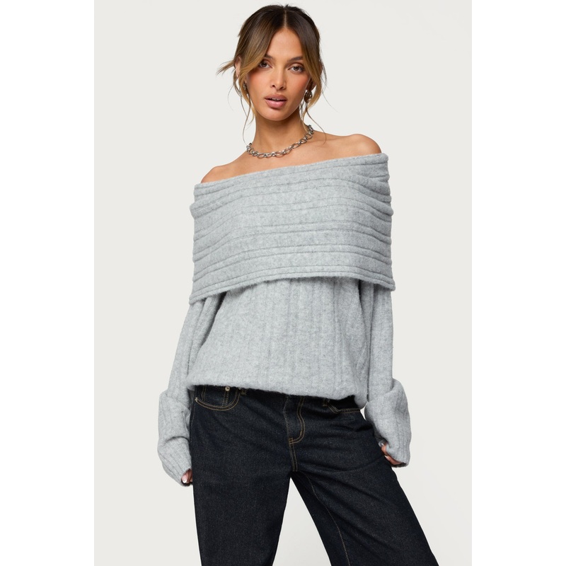 Kadenna Oversized Off Shoulder Sweater LIGHT-GRAY-MELANGE XS