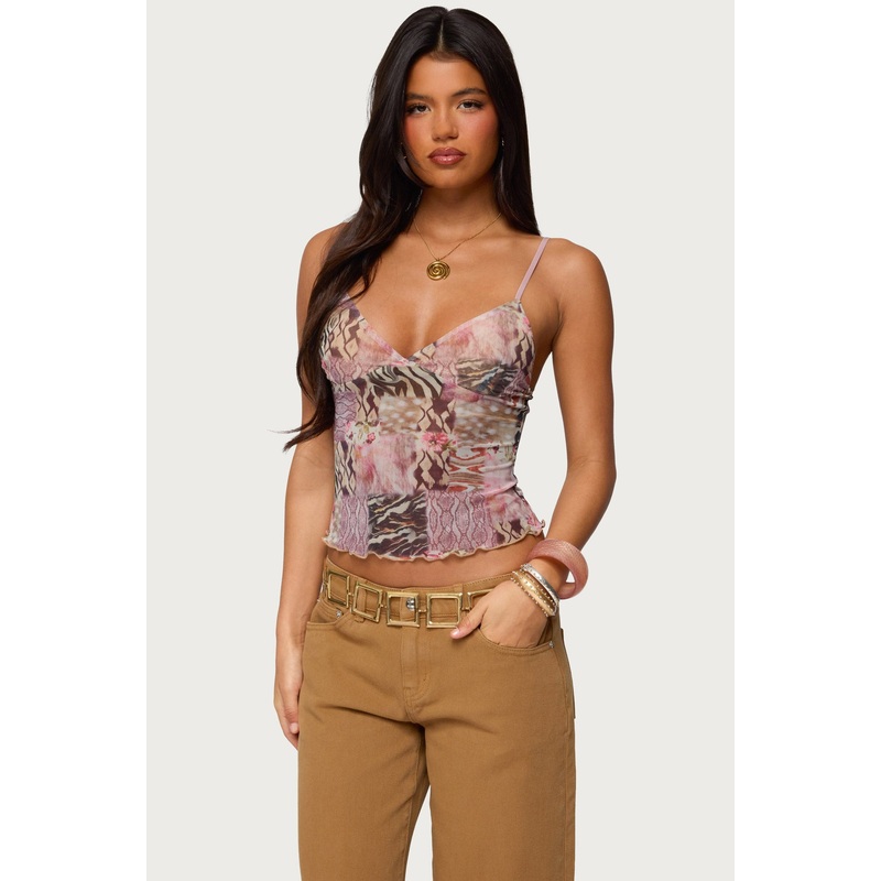 Mixed Animal Print Mesh Tank Top BROWN XS