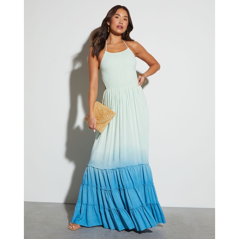 Ocean Breeze Tiered Maxi Dress Mint/Blue S