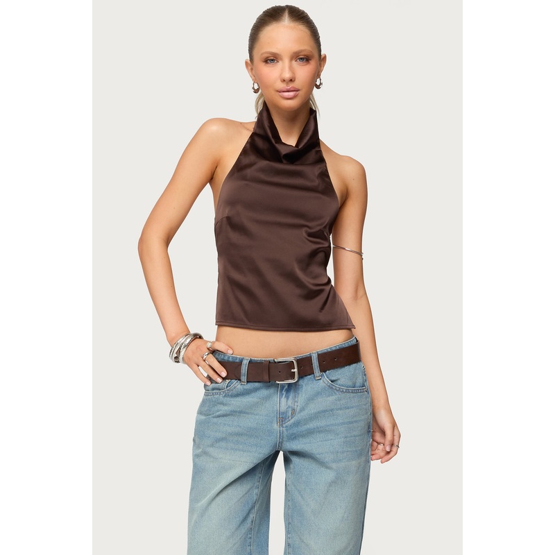 Satin Effect Backless Cowl Neck Top DARK-BROWN XS