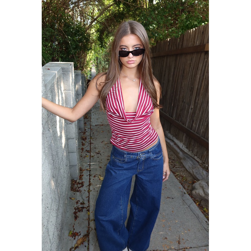 Striped Cowl Neck Halter Top RED-AND-WHITE XS