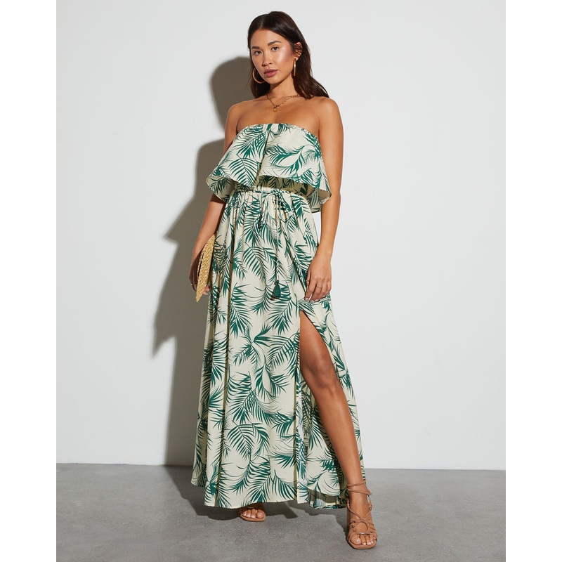 Swaying Palms Strapless Empire Maxi Dress Ivory/Green XS