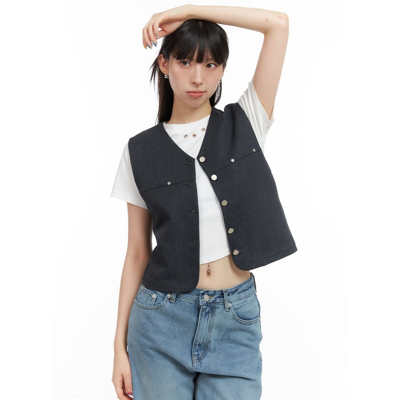 Buttoned V-Neck Denim Vest CG408 Black S/M
