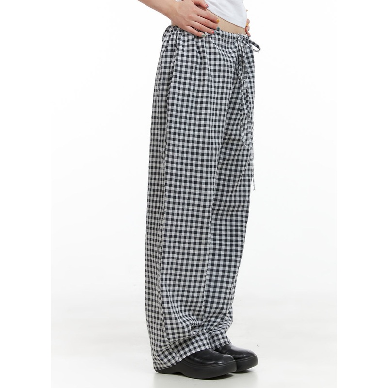 Checkered Banded Cotton Wide Leg Pants CG408 Black M/L